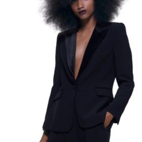 ZARA velvet lapel tuxedo single button flap pockets black Size Small - Picture 15 of 16